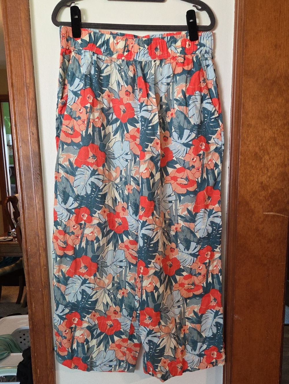 C&C California Tropical Floral Pull-on Wide Leg Linen Pants Sz L